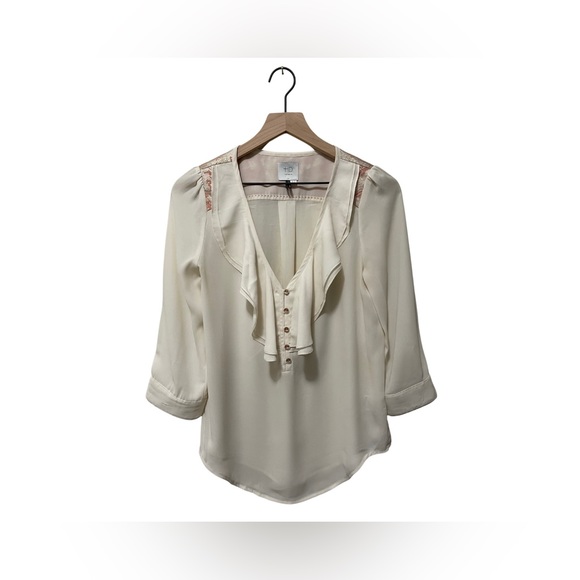 HD in Paris Anthropologie Cream Pink Sparkle Elinor Ruffle Blouse Size 6 - Picture 3 of 8
